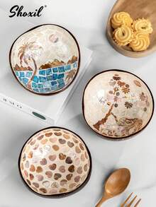 shoxil 1pc Coconut Shell Bowl, Round, Vintage Painted Style, Suitable For Holding Snacks And Fruits, Applicable For Kitchen, Yard, Party, Outdoor Picnic, Holiday Dining Table Decor, Handmade Gift - Shell Coconut Bowl - View 5