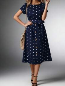 Summer Casual Polka Dot Print Button Front Dress - Navy Blue - View 1