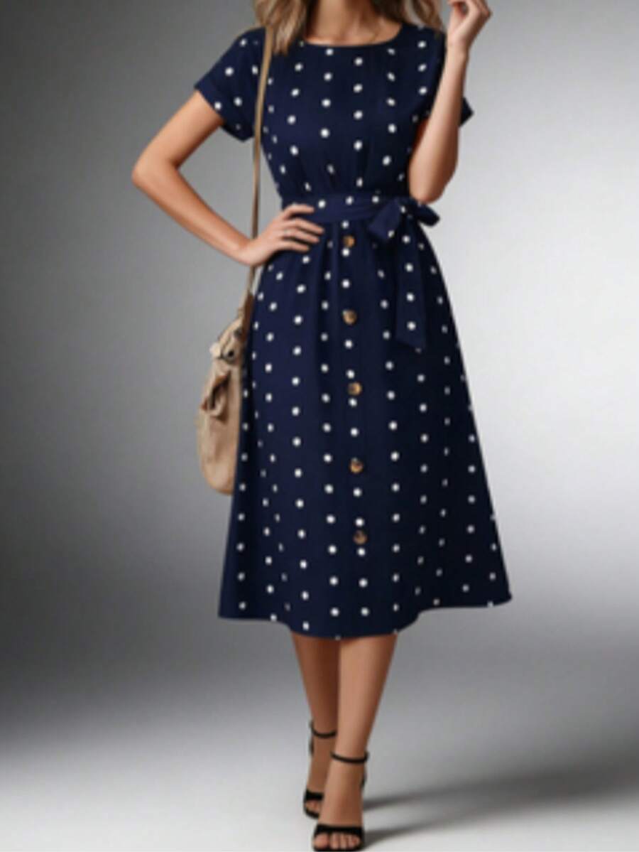 Summer Casual Polka Dot Print Button Front Dress - Navy Blue - View 1