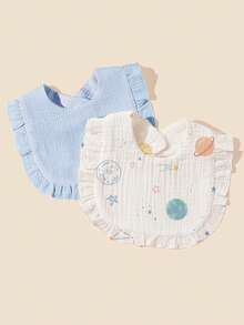 2pcs Soft & Comfortable 100% Cotton Baby Bibs, Strawberry Fruit Print Cute Bear Head Design With Ruffled Edge, Suitable For All Seasons, Essential For Newborns - Multicolor - View 8