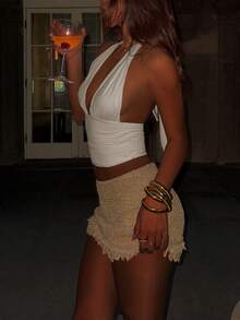 Women's Elastic Waist Frayed Hem Knit Mini Skirt - Champagne - View 6