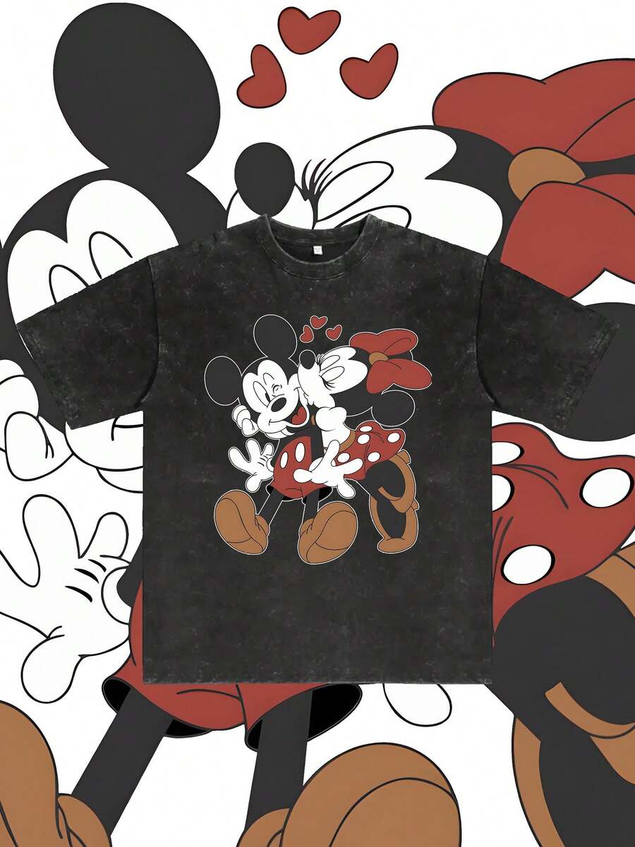 T-shirt d'été pour homme à manches courtes en pur coton lavé, orné de motifs Mickey et Minnie de Disney, effet vieilli, coupe unique, tissu en pur coton, confortable et respirant, style décontracté et urbain, col rond ; une marque de mode de haute qualité, un cadeau surprise idéal pour la famille et les amis. - Noir - Voir 1