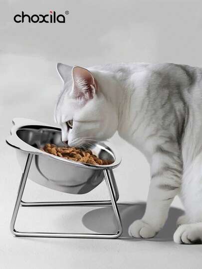 choxila 1/2pcs Stainless Steel Cat Ear Shaped Pet Food Bowl With Stand, Suitable For Dog Lovers And Cat/Dog Moms, Anti-Slip And Anti-Spill Design, Fit For Small Dog Owners And Cat Owners