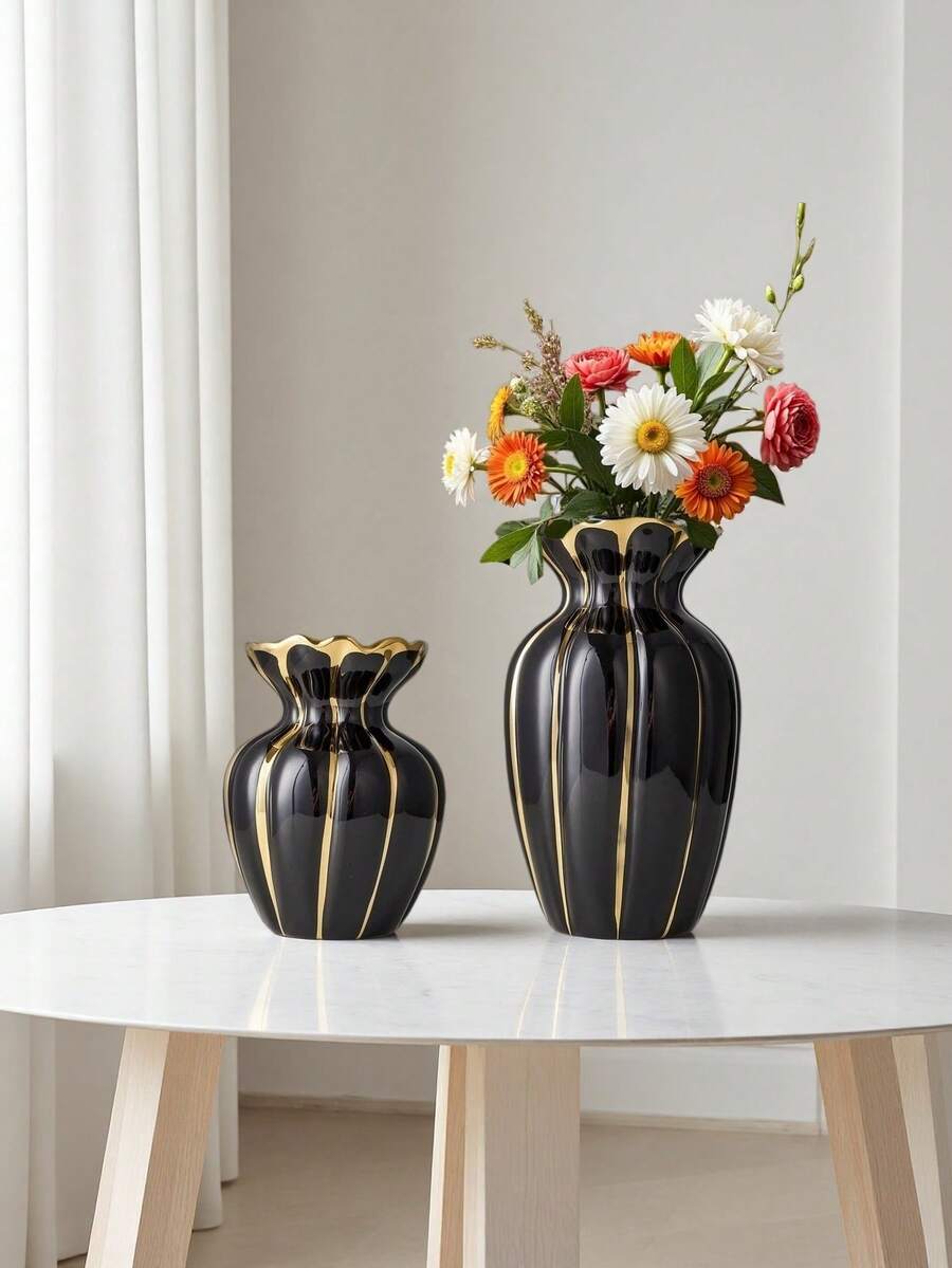 Modern Living Room White Gold Wavy Ceramic Vase, Luxury Black Gold Color Vase, Home Decor Accessories