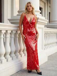 Vestido largo de verano para mujer, elegante, sin mangas, con escote en V profundo, tirantes finos, con lentejuelas, para fiesta, cita nocturna - Rojo - Ver 3
