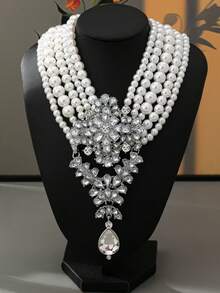 【奢华珍珠项链】优雅多层仿珍珠项链 - 奢华水晶吊坠，女士派对宴会配饰 - 珍珠款 - 查看 1