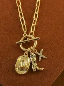 1pc Retro Classic Letter Western Cowboy Hat Pendant, With Gold Stainless Steel Paperclip Chain, Women Necklace - Yellow Gold - View 26