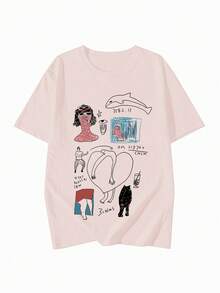 女款 Y2K 美学粉色图案涂鸦插画印花短袖T恤宽松可爱原宿风街头风休闲夏季上衣 - 粉色 - 查看 4