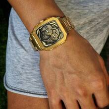 Fossil BQ2573 Men's Automatic Mechanical Watch, Gold Square Case, Hollow Dial, Stainless Steel Strap - Gold - View 2