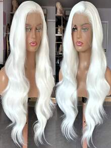 白色假发，自然波浪卷，蕾丝合成纤维前蕾丝假发，无需胶水，即戴即用，长款白色假发，女士无胶蕾丝假发 - 彩色 - 查看 4