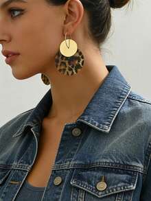 1 Pair Leopard Print Double-Layer Round Dangle Earrings, Suitable For Women's Party And Streetwear - Golden Yellow + Multi-color - View 2
