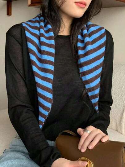 1pc Classic Korean Style Striped Scarf, Suitable For Women In Winter, Fashionable Knitted Warm Neck Warmer, Can Be Used As Headscarf Or Shawl, Matching With Dresses