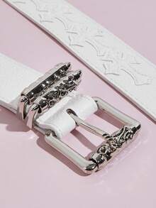 1条Y2K风格金属方扣花卉图案黑色纹理皮革腰带，适合搭配连帽衫、破洞牛仔裤、休闲装、时尚单品、户外活动、派对、秋冬装、万圣节、圣诞节、情人节、返校季、假期、毕业礼物、生日等场合。 - 白色圖案 - 查看 5