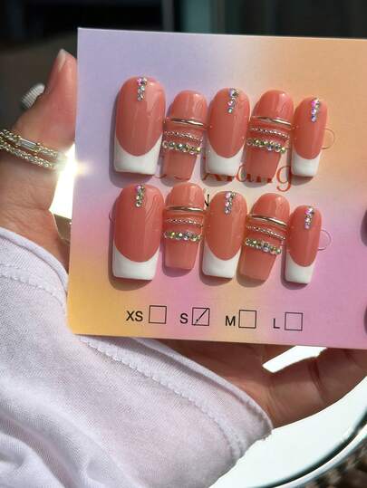 10pcs Handmade Reusable Full Cover Nail Stickers - Square Medium Length French Stiletto Pink And White Glossy Press-On Nails, Suitable For Women, Commute And Casual Wear, Minimalist Elegant Design With Rhinestone And Metal Bead Chain Decor, 3D Ring Effect, Nail Stickers, Professional Manicure, High Quality Stickers. Cute Classic French Manicure Suitable For Women And Girls For Daily And Party Wear, Full Cover Fake Nails Long With Nail Art Tool Kit, Great Gift For Women And Girls Handmade Press On Nails