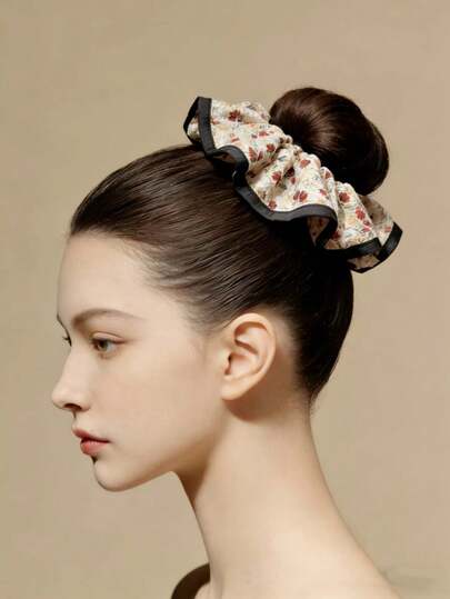 1 st. stor hårsnodd med färgblock och blommigt hår för kvinnor, fräsch och elegant hårknyte, högkvalitativt hårtillbehör för vuxenpresent, scenframträdande, fest, utomhusfotografering, vardagskläder