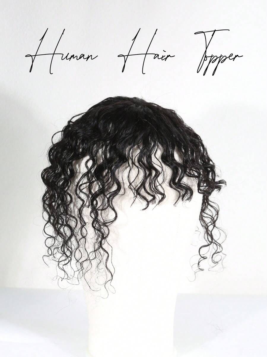 Water Wave Human Hair Toppers With Bangs Silk Base 3 Clips Natural Black Curly Human Hair Toppers Invisible Seamless Clourse Topper Hairpieces For Women Daily Wear - Natural Black - View 1