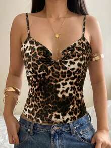 Women's Y2K Grunge Leopard Print Cami Top - Brown, U-Ring Detail, Ruched Bust, Slim Fit - Multicolor - View 5