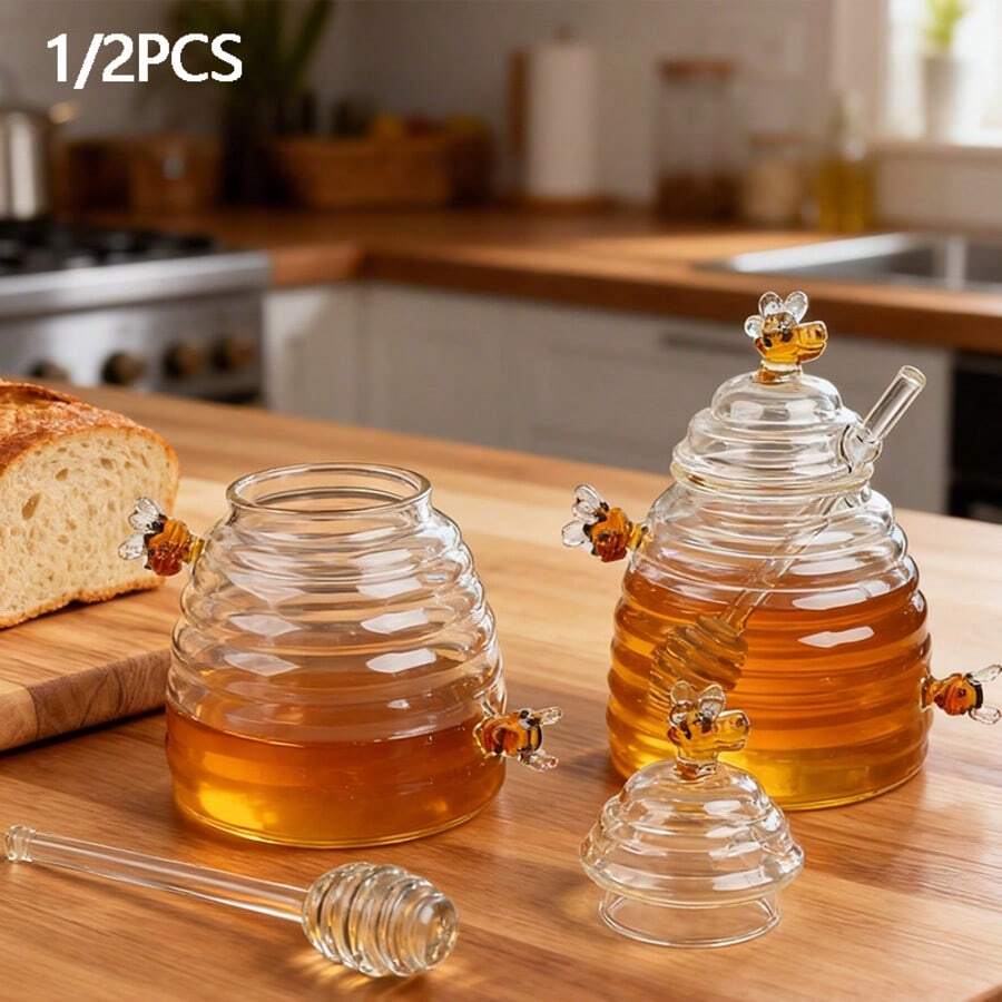 1/2 PCS 480ml/16.23oz High Borosilicate Glass Honeycomb Jars, With Lid And Stir Bar, Transparent Honey Storage Containers, Suitable For Home, Weddings, Parties, And Kitchen Use. - 橘色 - 查看 1