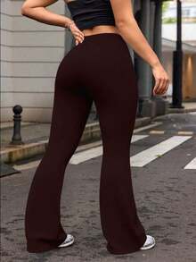 Plus Size Women's High Waist Solid Color Bell Bottom Sports Yoga Pants Compression Tights Running Workout Bottoms - Dark Brown - View 4