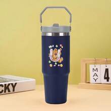 30盎司不锈钢保温水杯，带提手，双层壁防漏，适用于大多数杯架，带盖和吸管，适合健身房、家庭、办公室和旅行，A-Z字母熊图案 - 藏蓝色 - 查看 8