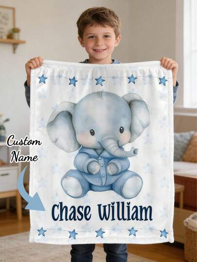 Personalized Elephant Baby Blanket, New Baby Boy Gift, Baby Shower Gift, Gift For Boy, Teddy Bear Nursery Blanket, Blue Toddler Blanket