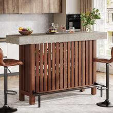 LITTLE TREE 63-Inch Large Home Bar Unit, 2-Tier Mini Bar Table Height Pub Table With Footrest, Modern Coffee Bar Cabinet For Home Kitchen, Bistro, Dining Room, Living Room - Gray and Rustic Brown - View 10