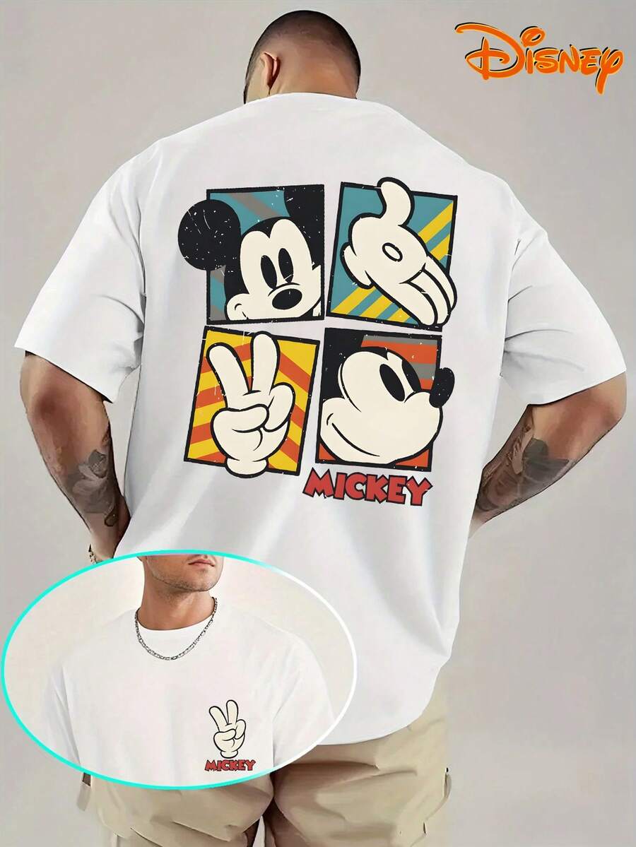 Disney Men's Casual T-Shirt, Mickey Gesture Grid Print, Retro Pop Art Design, Oversized Fit, Ideal For Style - 白色 - 查看 1