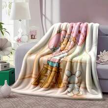 1pc Light Pink White Polka Dot S-Strawberry Pink Shortcake Cuddling Bunny Plush Print Flannel Blanket, 80s Nostalgic Gift For Fans, Sweet Themed Decor, Collectible & Cozy Throw,With For Couch, Bed, Camping, Travel, Office, Home Nap, Multipurpose Gift Flannel Blanket - multicolour 12 - 查看 4