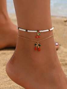 2pcs/Set Cute Enamel Cherry Pendant Anklet, Sweet Fashion Beaded Anklet Jewelry, Suitable For Daily Outfit, Beach, Date, Party - Golden - View 1