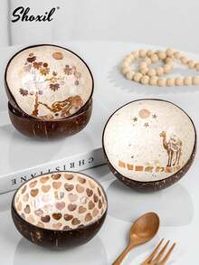 shoxil 1pc Coconut Shell Bowl, Round, Vintage Painted Style, Suitable For Holding Snacks And Fruits, Applicable For Kitchen, Yard, Party, Outdoor Picnic, Holiday Dining Table Decor, Handmade Gift - Shell Coconut Bowl - View 6