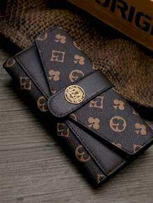 新款女士长款三折按扣钱包，复古印花，多卡位，大容量信用卡夹，公交卡袋，轻便手拿包，女士钱包，长款钱包 - 棕色 - 查看 6