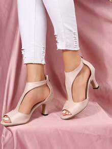 Women's Peep Toe Chunky Heel Sandals T-Strap Ankle Buckle Back Zipper Dress Shoes Sandalias De Mujer Elegante Tenis Tenis Para - 粉色 - 查看 6