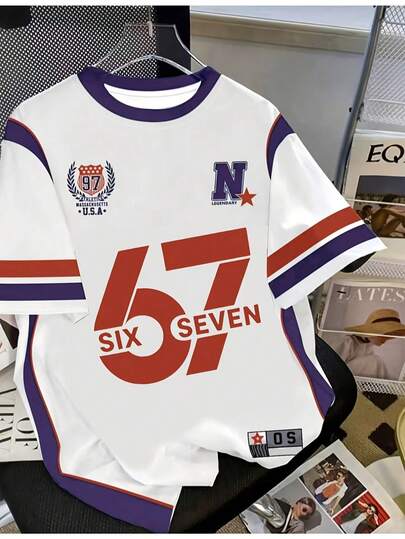 1pc Boys' Summer Retro Sports Tee, American Style Oversized Casual Top With Numeric 67 Digital Print, Letter Badge & Striped Design, Street Fashion