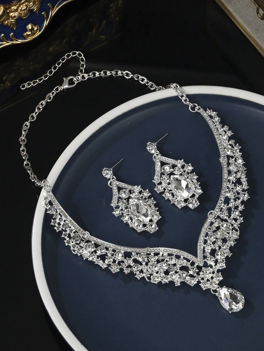 3件套银色新娘项链耳环首饰套装，优雅婚礼派对配饰