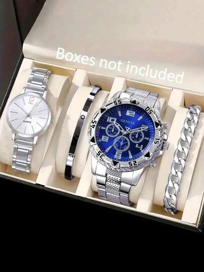 4-Pack Silver Men's Women's Couple Watch Set - Classic Business Casual Style, Simple Design, Suitable For Gift Giving, School Supplies, Halloween And Christmas Decorations, Gift Watch Set | Elegant Clock Set | Polished Surface, Valentine's Day Gift