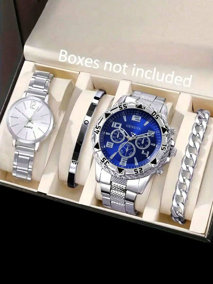 四件套银色男女情侣手表套装 - 经典商务休闲风格，简约设计，适合送礼、作为学习用品、万圣节和圣诞节装饰品，精美手表套装 | 优雅时钟套装 | 抛光表面，情人节礼物 - 藍色 - 查看 1