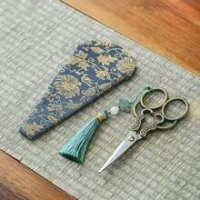 A Vintage Copper-Colored Stainless Steel Scissors With A Floral Pattern And Blue-Green Tassels, Suitable For Embroidery, Cutting, Home And Office Use, Craft Cutting Tool | Exquisite Handle, Sewing Additions - Multicolor - View 3