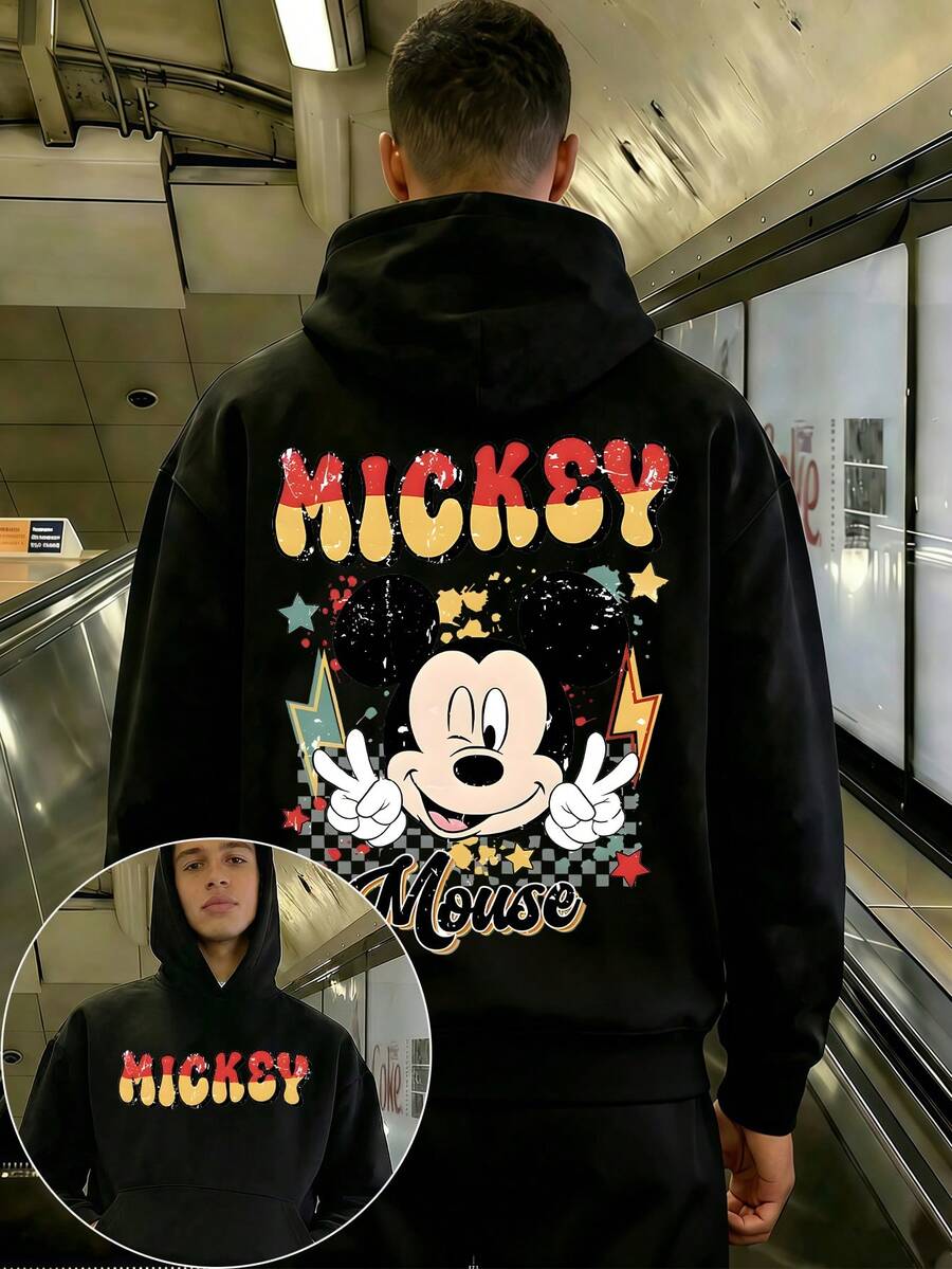 Men's Crewneck Sweatshirt And Sweatpants Set, Featuring A Disney Mickey Mouse Design And The Word "Mickey Mouse". This Comfortable Two-Piece Men's Hoodie And Sweatpants Set Makes A Perfect Gift For Men. - 黑色 - 查看 1