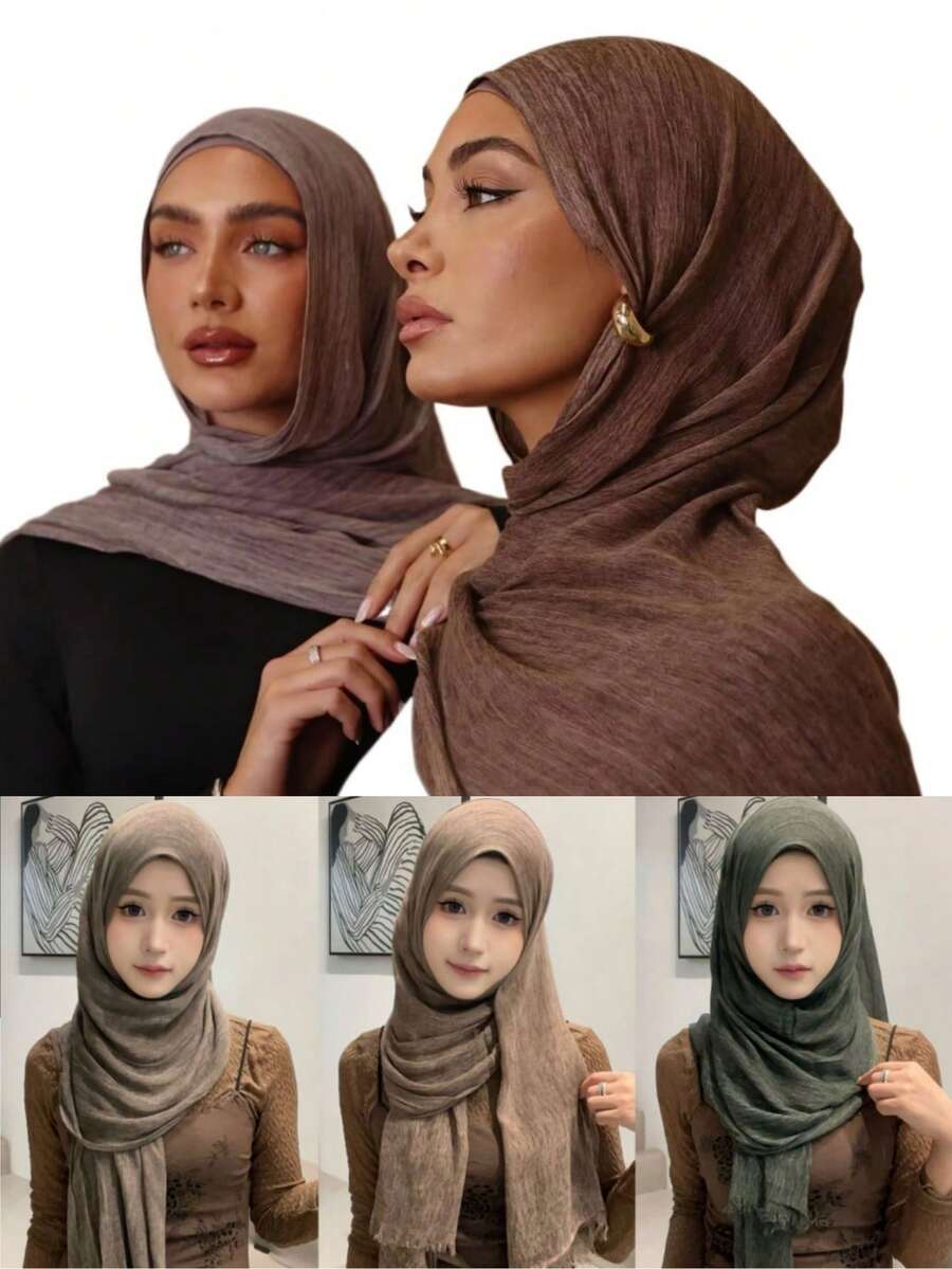 1pc Soft Textured Hijab Scarf With Natural Crinkle Effect, Breathable And Comfortable Muslim Headscarf