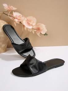 Women's Fashion Foldable Soft Leather Flat Pleated Slide Sandals, Versatile Slip-On Flat Square Toe Summer Sandals - Black - View 2
