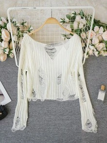 New Arrival Spring/Summer Sweet Innocent Hollow-Out Ripped Knit Sweater, Unique & Gorgeous Top, - Milky White - View 8