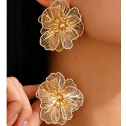 1对2026新款复古金色几何纹理不对称花叶设计耳环，独特，女士款，斋月活动