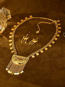 3件套复古创意月亮流苏项链耳环套装，女士派对/婚礼礼服配饰 - 金黃色 - 查看 3