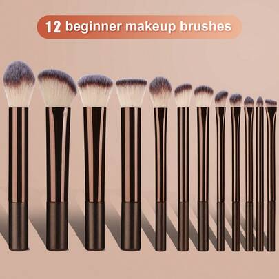 12pcs Professional Soft Hair Long Aluminum Tube Makeup Brush Set, Including Foundation Brush, Eyeshadow Brush, Eyebrow Brush, Blending Brush, Highlighter Brush, Concealer Brush, Suitable For Daily Use And Travel, A Great Gift For Makeup Tools Accessories