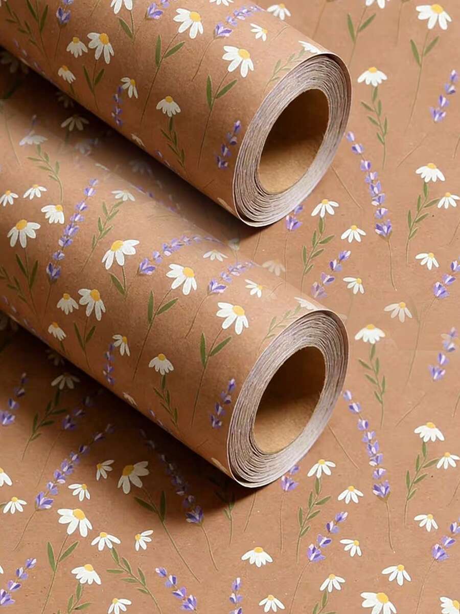 Lavendel & Gänseblümchen Blumen Kraftpapier Rolle, lila Blumen Geschenkpapier, braunes Kraftpapier, geeignet für Frühlingshochzeit, Muttertag, Geburtstagsparty, Geburtstags Geschenkverpackung - Mehrfarbig - Übersicht 1
