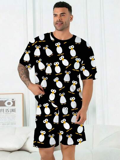 Plus Size Men's Pajama Set | Round Neck Short Sleeve Top And Elastic Waist Casual Shorts 2 Piece Set | Polyester Knit Fabric Soft And Breathable Loose Fit | Cute Big-Eyed Penguin Print Casual Design