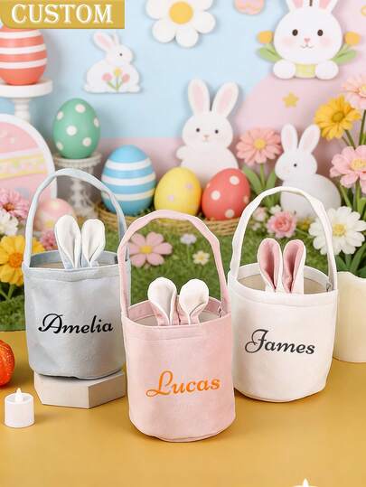 Customizable Easter Basket With Text, Personalized Easter Basket, Customizable Rabbit Basket, Easter Holiday Decor, Personalized Easter Basket With Name, Monogram Easter Basket, Customizable Rabbit Basket, Easter Basket With Name, Easter Gift Tote Bag, Easter Holiday Celebration Rabbit Bag, Decorative Easter Egg Storage Bucket, Canvas Easter Bag DIY Easter Basket Rabbit Ear Decor Gift, Customizable Creative Unique Easter Gift, Easter Gifts