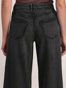 New Fashion Women Loose Fit Elastic Waist Wide Leg Jeans, High Quality Casual Clothing - 黑色 - 查看 6