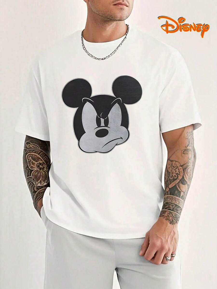 Disney Men's Casual T-Shirt, Angry Mickey Print, Minimalist Monochrome Design, Oversized Fit, Perfect For Edgy Style - 白色 - 查看 1
