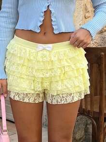 Women Lolita Bloomers Cute Ruffle Shorts Lace Pumpkin Pants Sexy Boyshorts Layered Mini Bottoms Y2k Sweet Pettipants Coquette Clothes - 黃色 - 查看 5